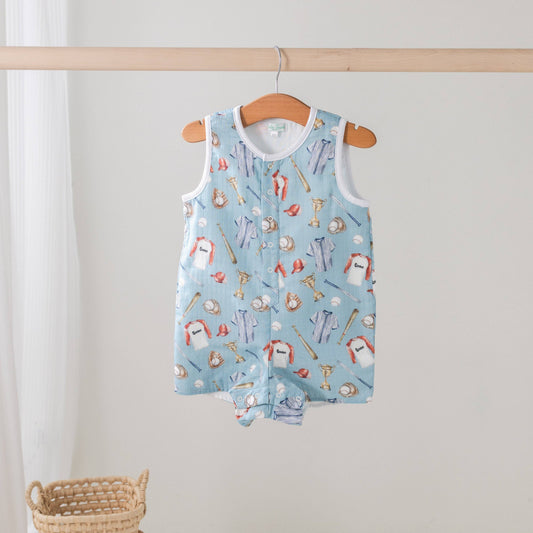Nola Tawk Let's Play Ball Organic Muslin Shortall in cream with subtle baseball print