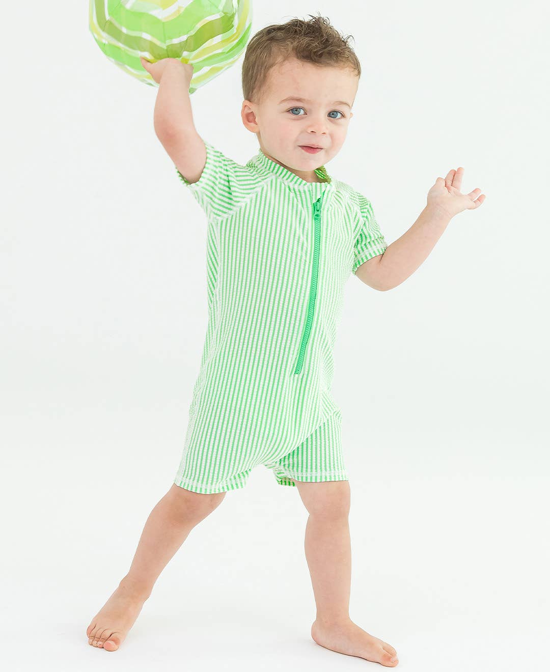 RuggedButts - Baby Boys Spring Green Seersucker Short Sleeve One Piece Rash Guard Swimsuit