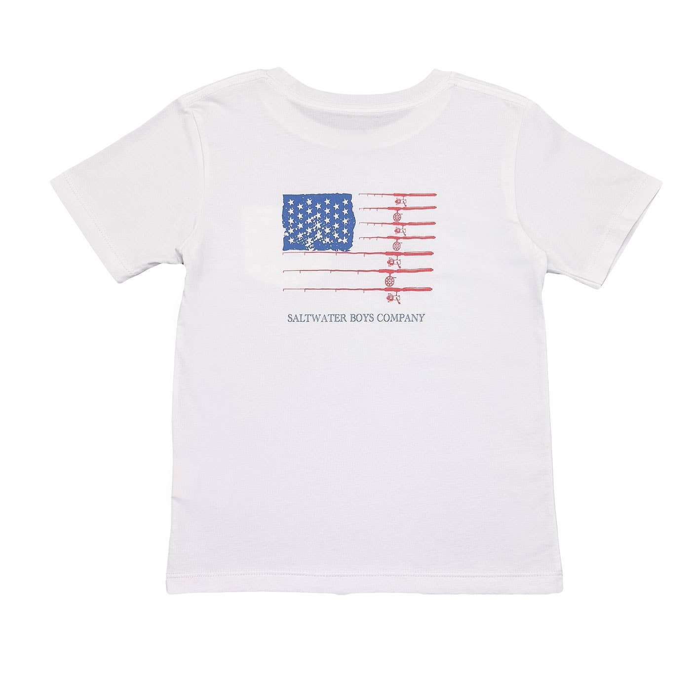 White boys' tee with fishing pole and flag graphic, front pocket detail. Saltwater Boys.