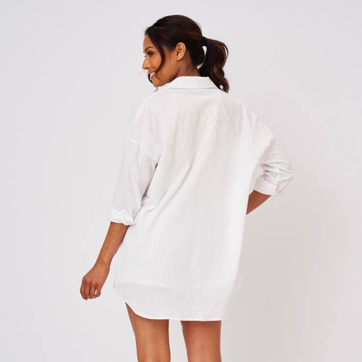 Mama Oversized Beach Cover-Up Set in lightweight cotton with chain-stitched embroidery and matching shorts