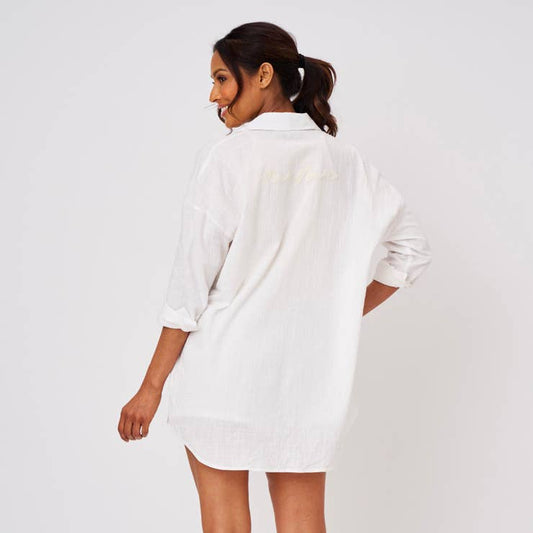 Mama Oversized Beach Cover-Up Set in lightweight cotton with chain-stitched embroidery and matching shorts