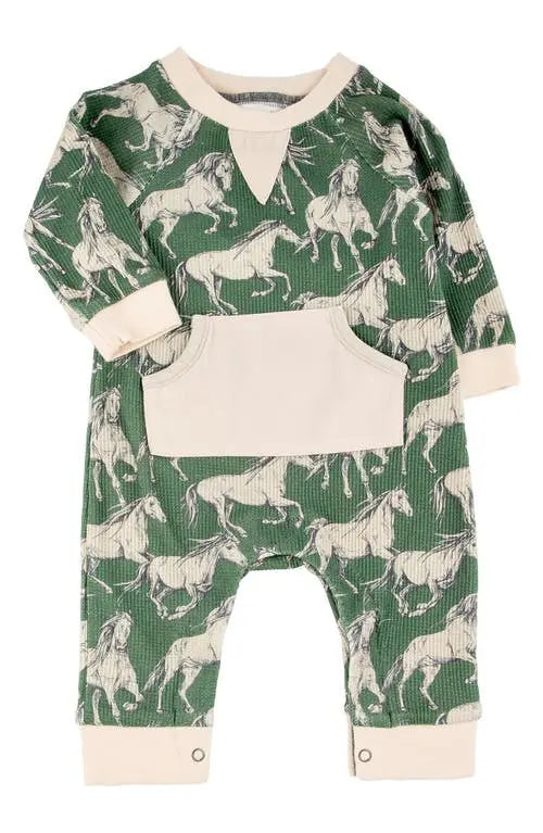Nova Romper in Wild Horses print by Miki Miette, soft cotton romper with snap closures