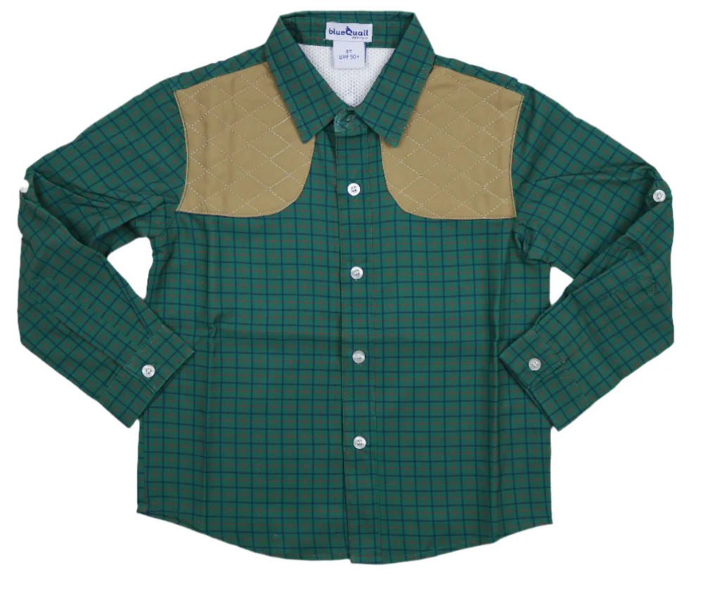 Blue Quail Tattersall LS Shirt with quilted shoulder patches and roll-up sleeves