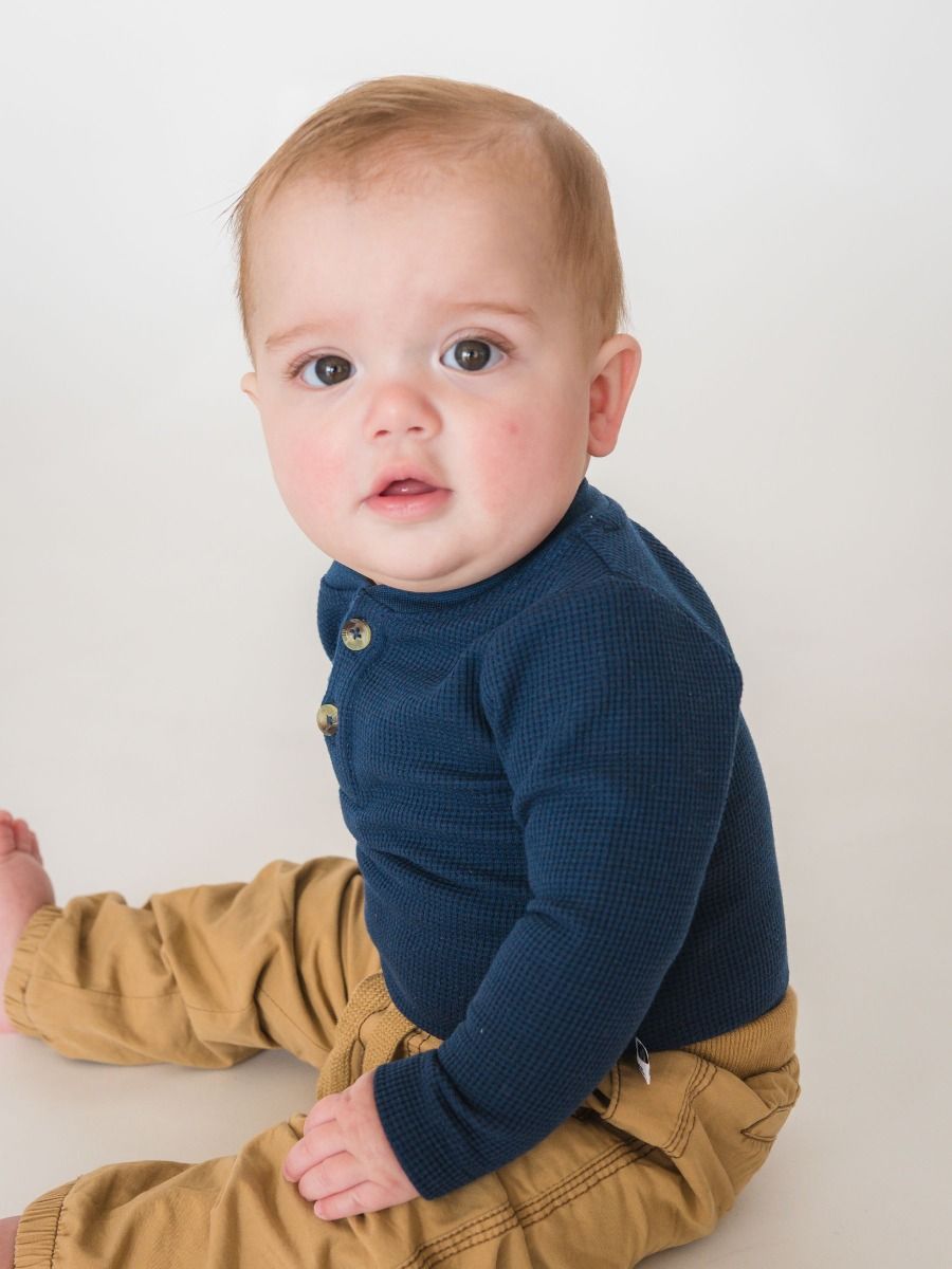 Waffle Knit Henley Bodysuit-Dark Navy