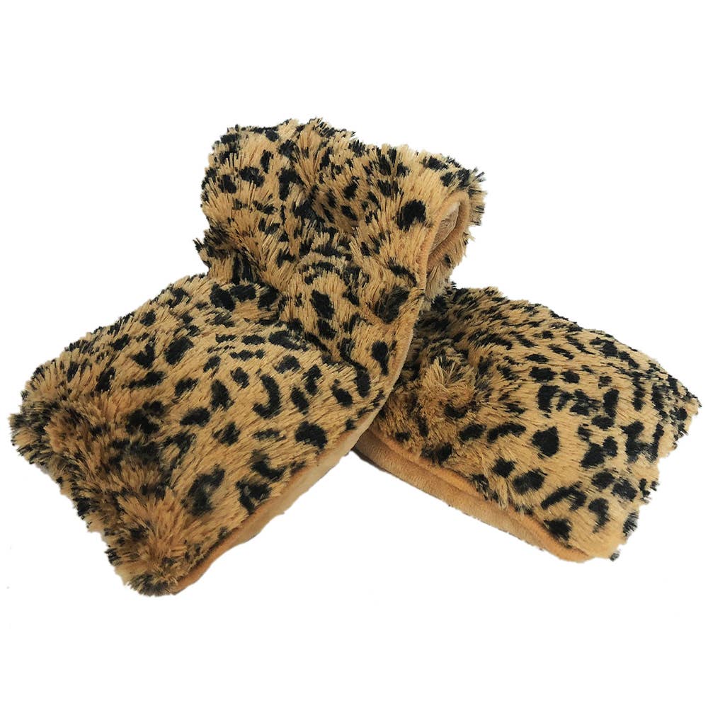 Leopard print Warmies plush neck wrap, ready to microwave for soothing warmth