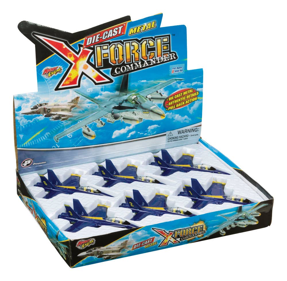 Dark blue and gold die-cast F-18 Blue Angel jet plane toy with clear cockpit and landing gear