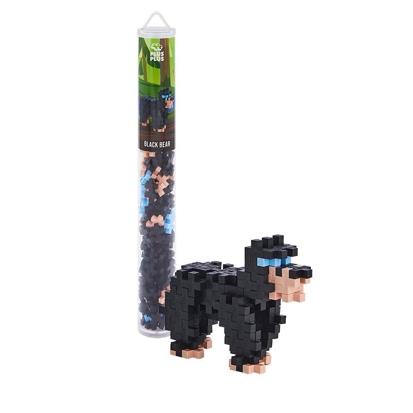 Plus-Plus Tube Black Bear: compact reusable container with 70+ colorful modular building pieces, Danish-made