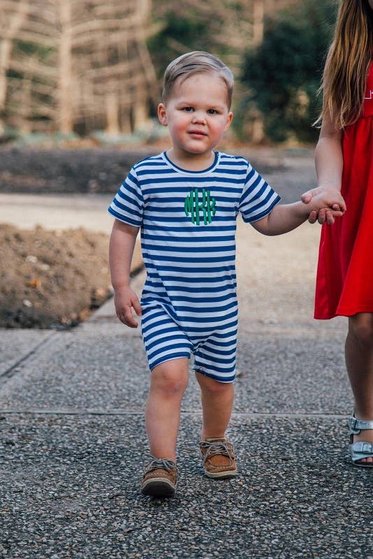 Navy and white short sleeve knit romper with snap closures, laid flat.