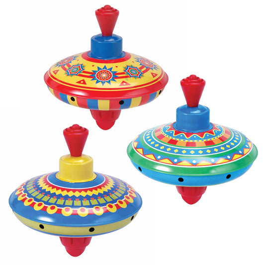 Assorted colorful tin spinning tops with hand-pump mechanism by Schylling