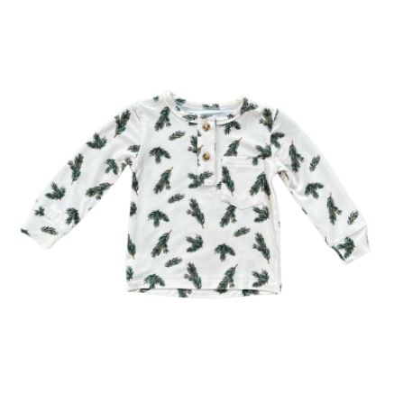 Long Sleeve Henley Shirt in Pine Leaves by Baby Sprouts, bamboo jersey