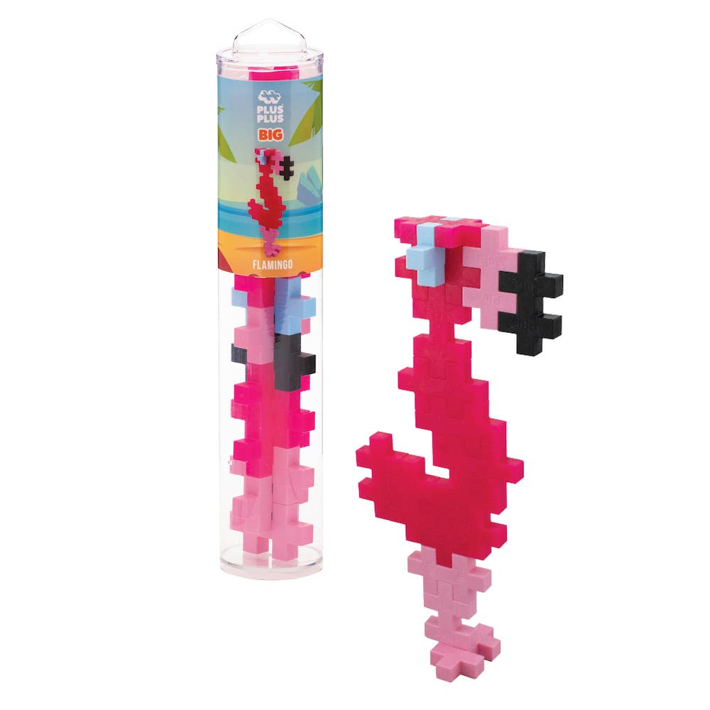Plus-Plus BIG 15-piece Flamingo tube construction set with individual pieces displayed