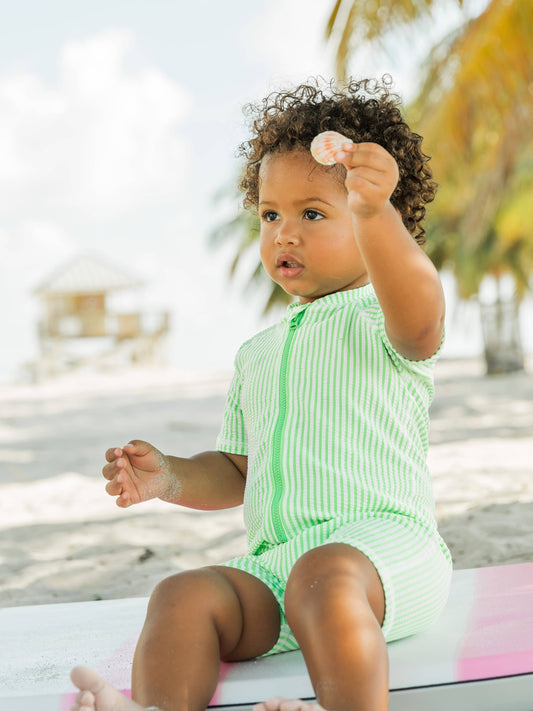 RuggedButts spring green seersucker short sleeve rash guard one-piece swimsuit, full coverage UPF 50+