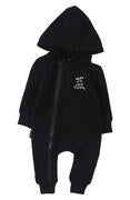Tiny Tribe LS hooded romper in black, cotton elastane fabric with snap button closures