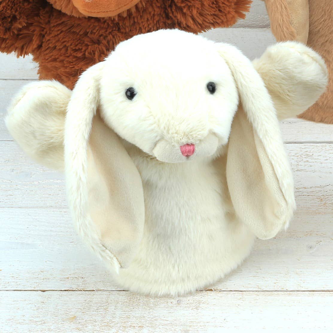 Cream-coloured bunny hand puppet plush toy by Jomanda, 23cm, with soft brushable hair