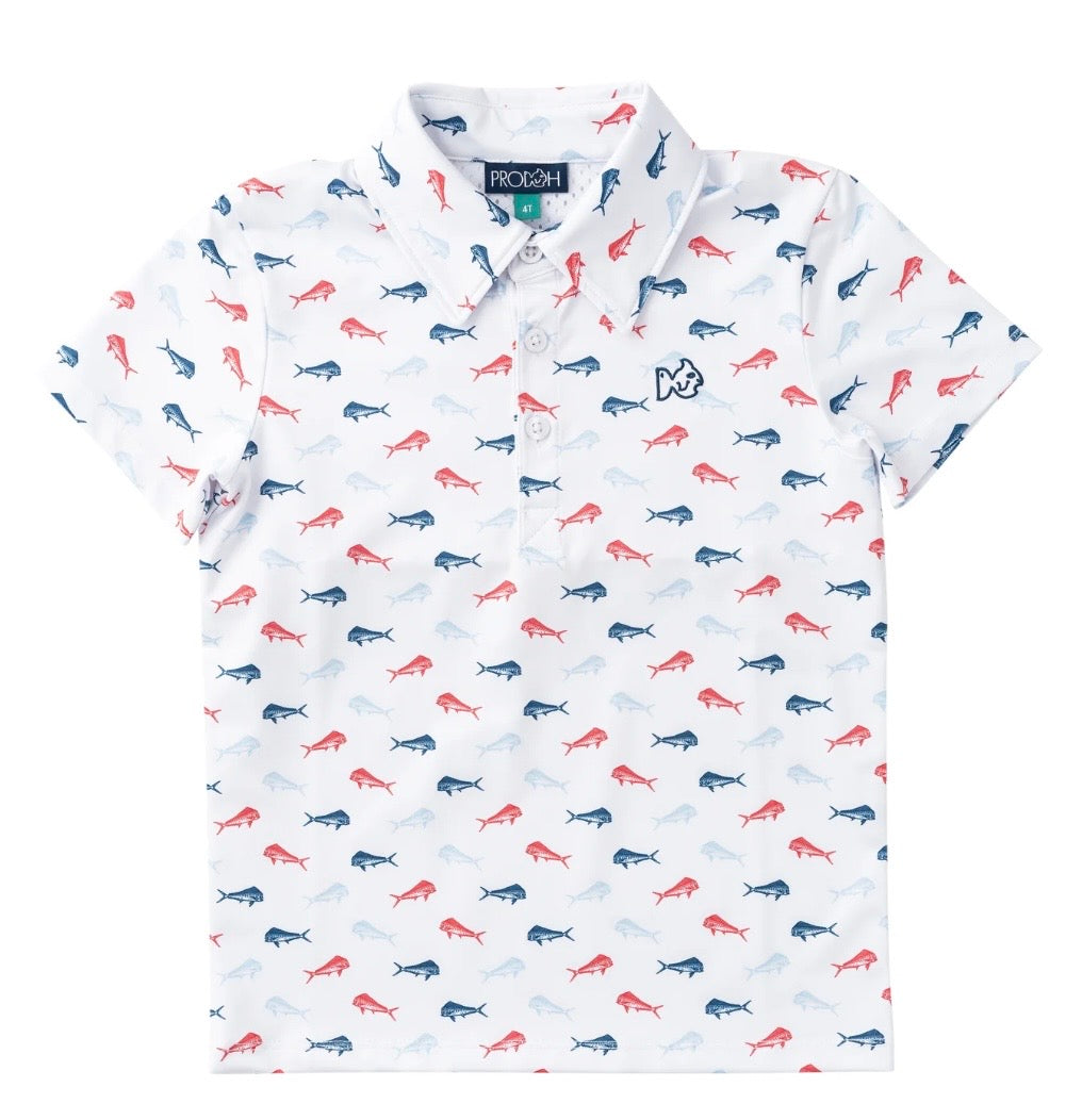 Prodoh Americana Fish Print Performance Polo with orange chiffon stripe and mesh back panel detail
