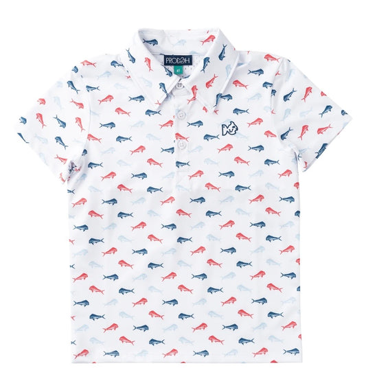 Prodoh Americana Fish Print Performance Polo with orange chiffon stripe and mesh back panel detail