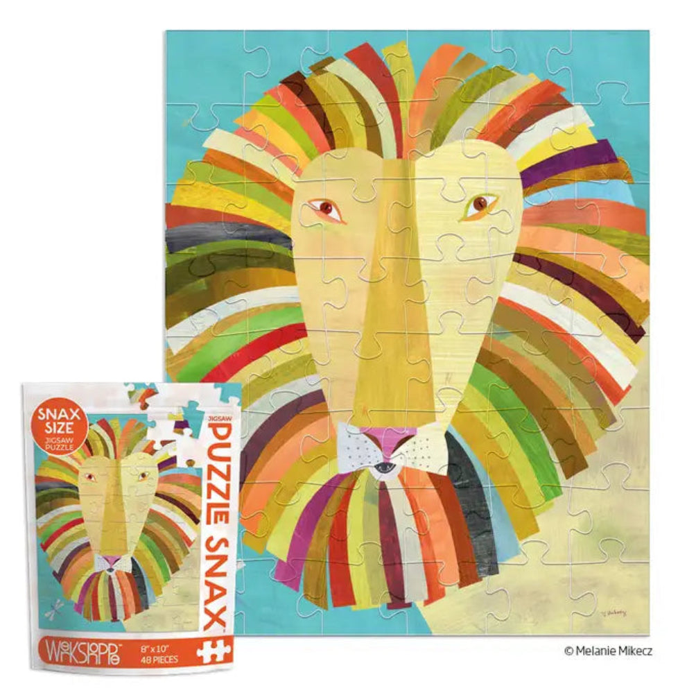 Colorful Lion 48-piece puzzle by Werkshoppe with vibrant lion design and individual puzzle pieces
