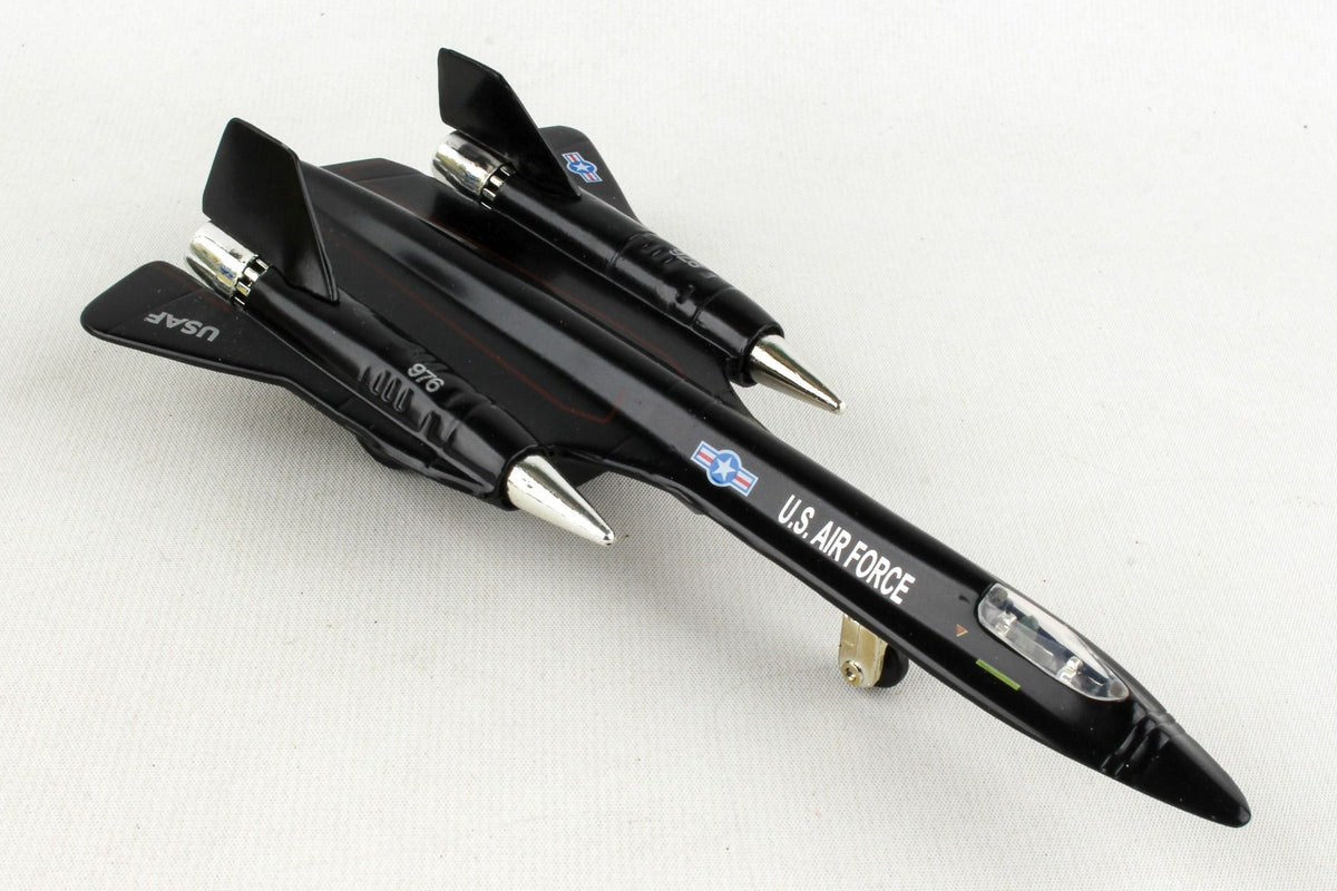 SR-71 Blackbird pullback die-cast plane by Daron, approximately 10" long, matte dark finish