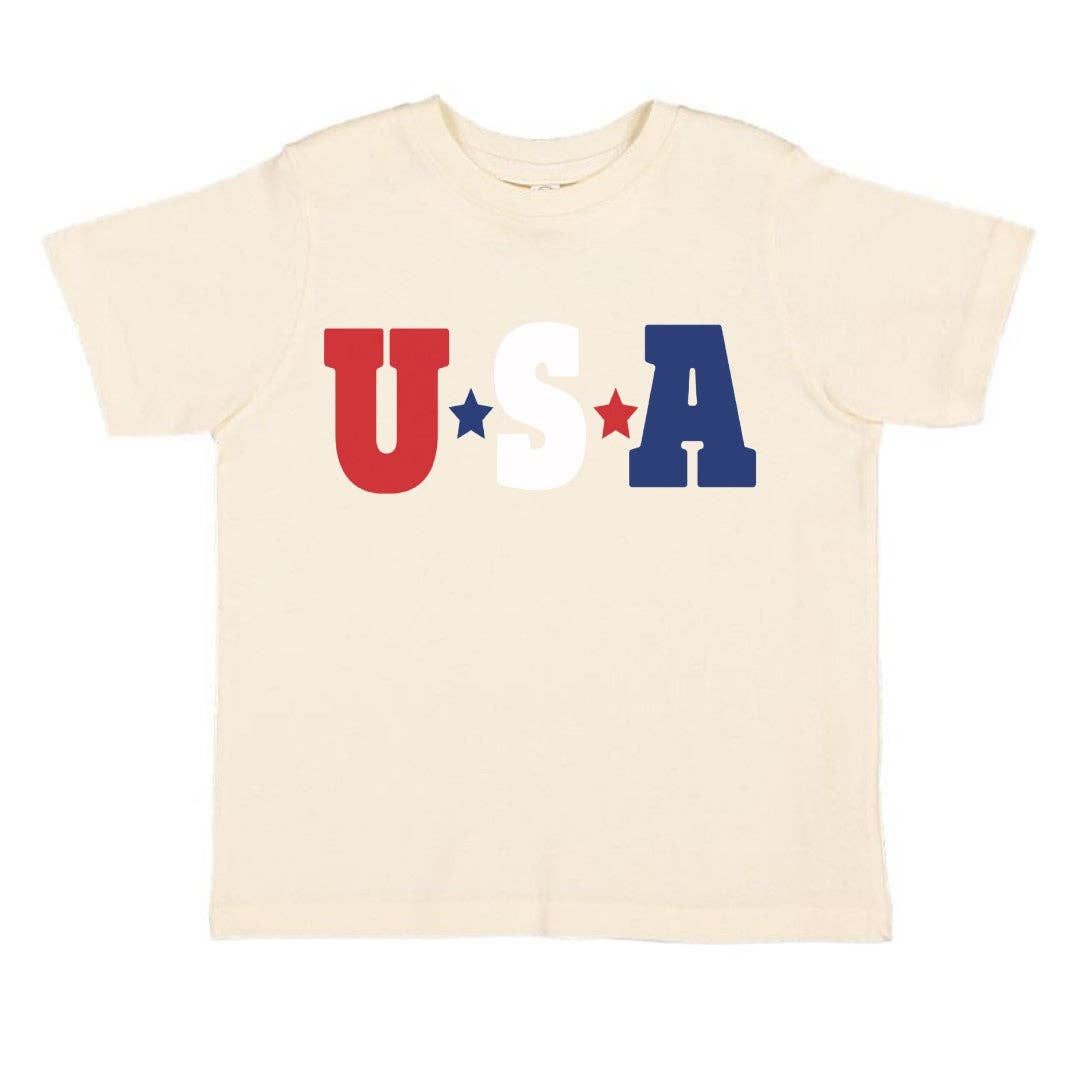 USA Multi Short Sleeve T-Shirt in natural with red, white, and blue graphic by Sweet Wink