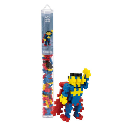 Plus-Plus Tube Superhero building set with colorful interlocking plastic pieces and instructions