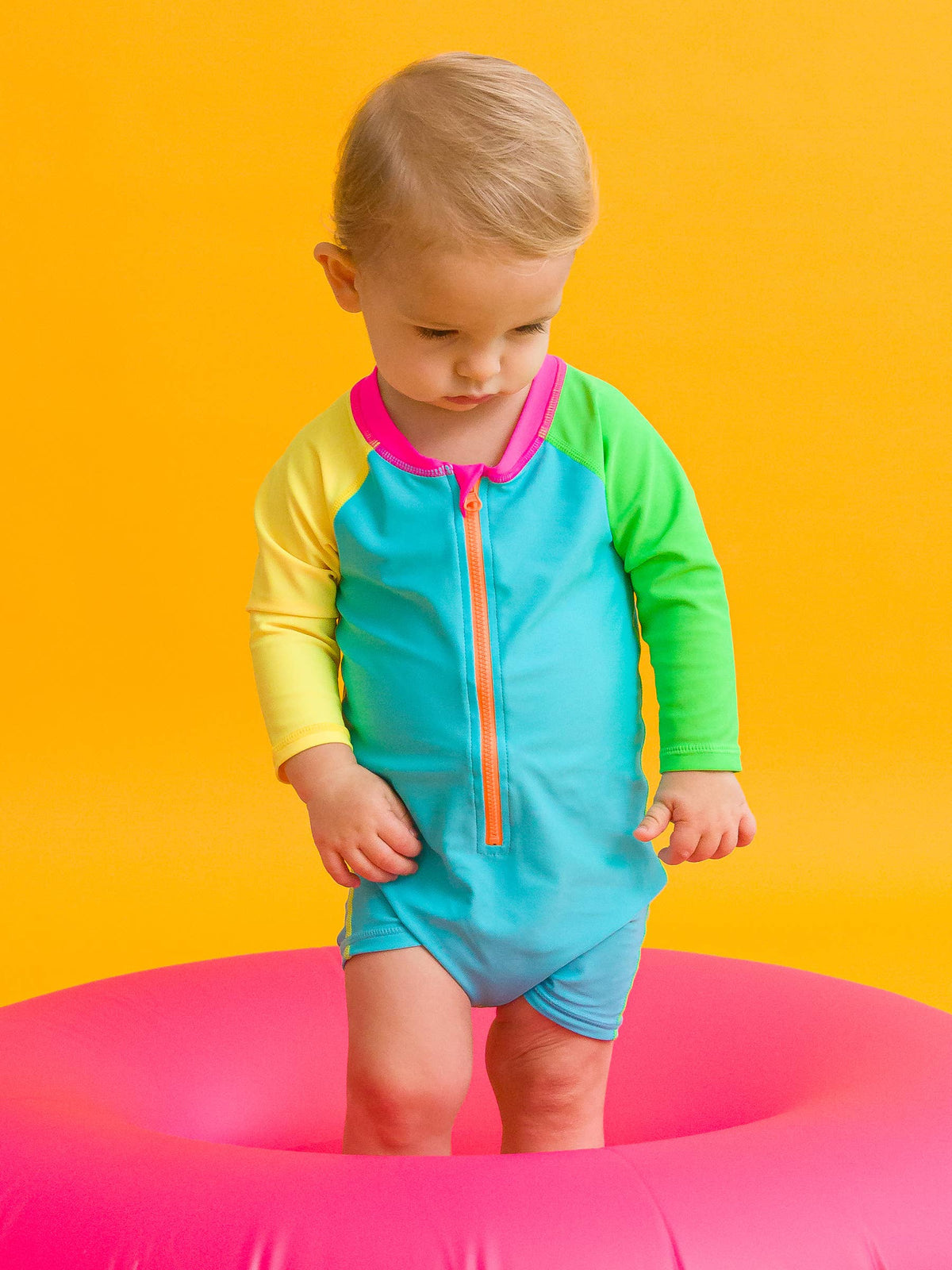 RuggedButts - Baby Boys Neon Color Block Long Sleeve One Piece Rash Guard Swimsuit