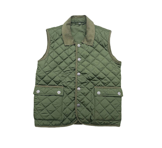 Boys green quilted Derby Field Vest with snap-front closure and corduroy collar by Saltwater Boys