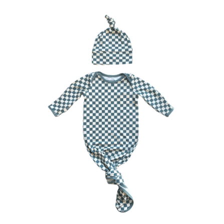 Baby Sprouts Knotted Sleeper Set in checkered Storm pattern with lap-neck and mitten cuffs