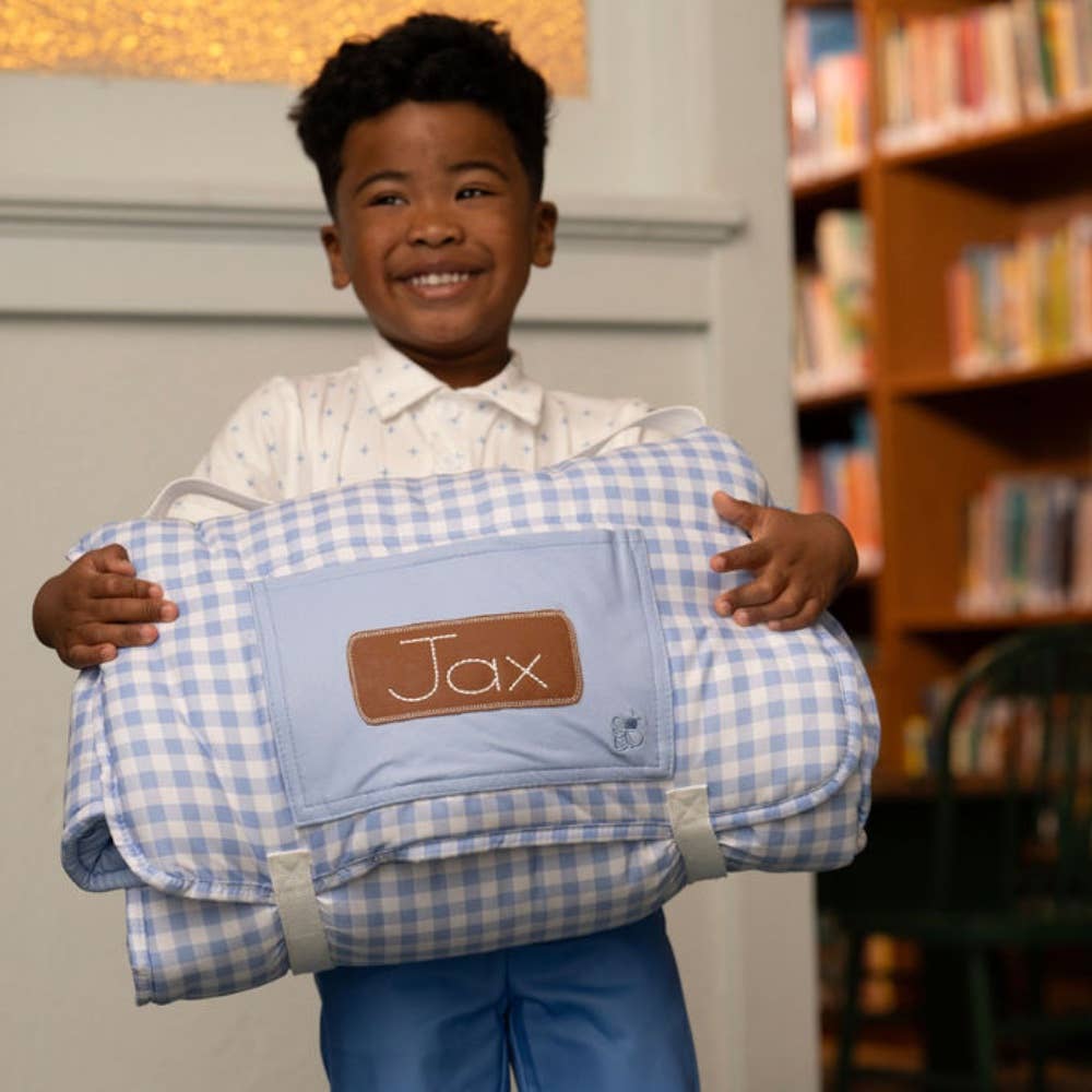 Blue gingham toddler nap mat with included pillow and exterior pocket by Sugar Bee Clothing