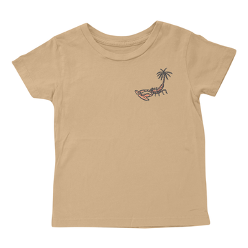 Sand-colored crew neck cotton tee with Bombay Beach Club graphic by Tiny Whales