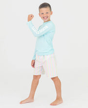 Load image into Gallery viewer, RuffleButts + RuggedButts - Boys Spun Sugar Long Sleeve Logo Rash Guard Blue
