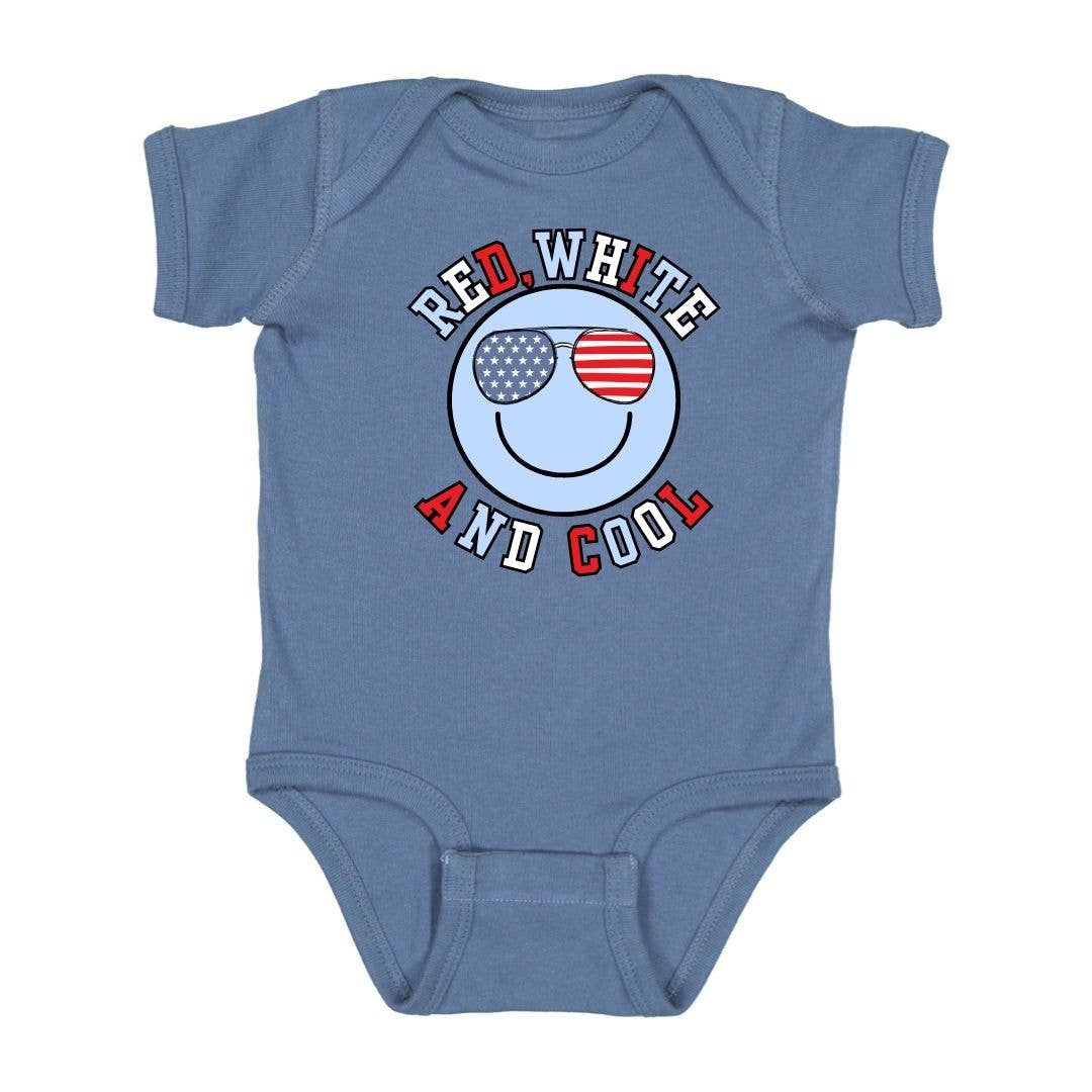 Red, White, and Cool Patriotic Smiley Short Sleeve Bodysuit in indigo by Sweet Wink