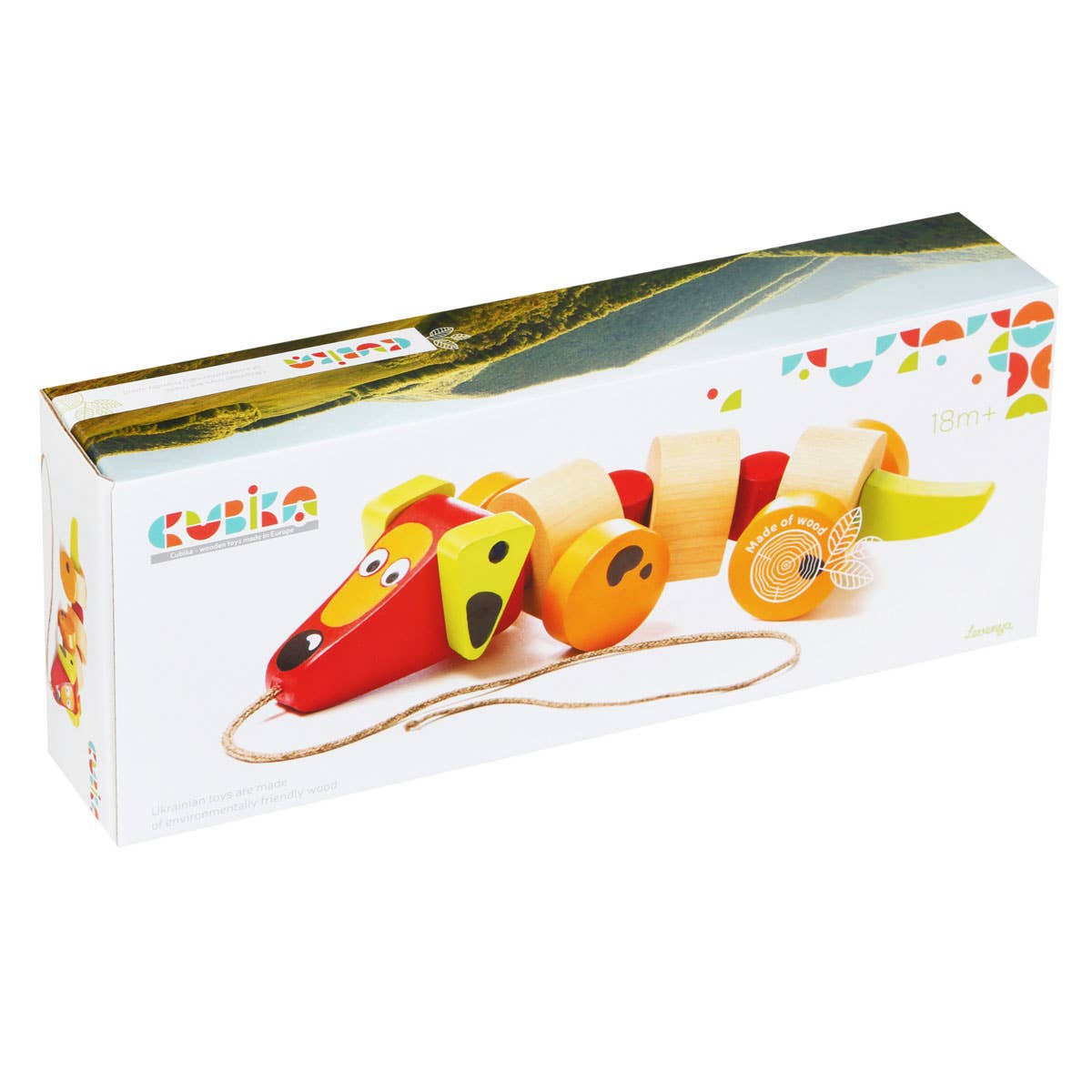 Cubika wooden sausage dog pull toy in natural wood finish with rope pull