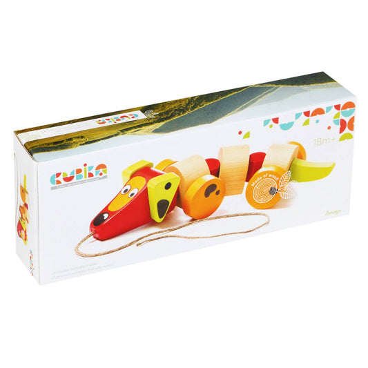 Cubika wooden sausage dog pull toy in natural wood finish with rope pull