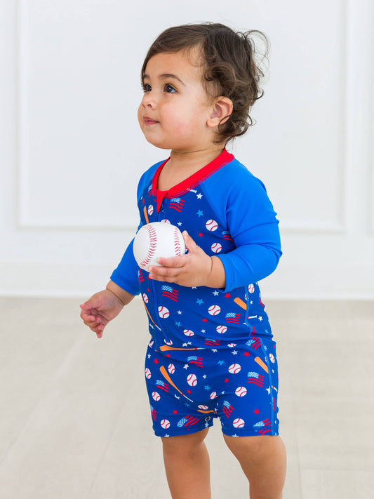 Baby boys' long sleeve one piece rash guard with baseball print and UPF 50+ protection