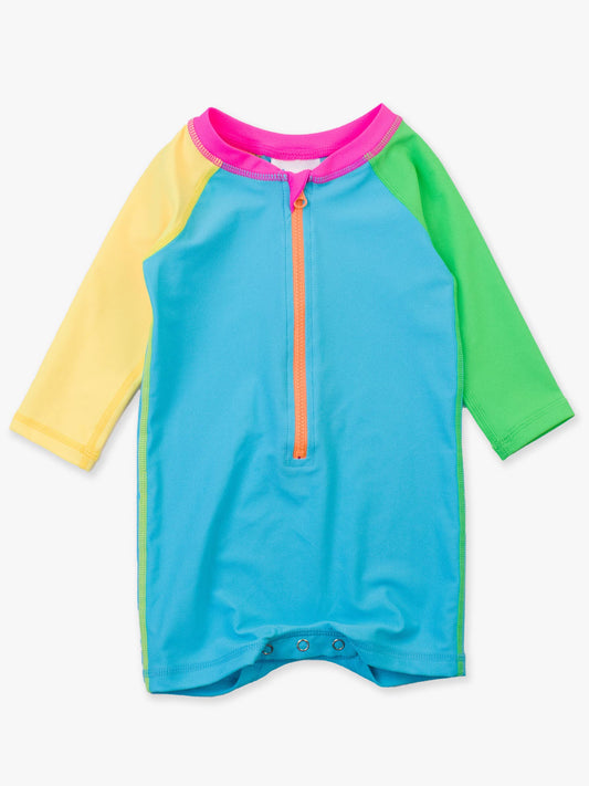 RuggedButts baby boys long sleeve one piece rash guard in neon color block with UPF 50+ sun protection
