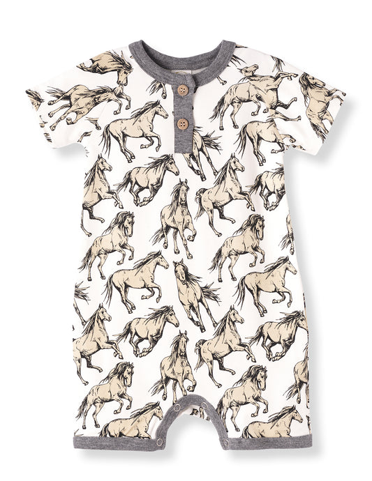 Wild Horses Short Romper by Tesa Babe in soft fabric with horse print, button placket detail.