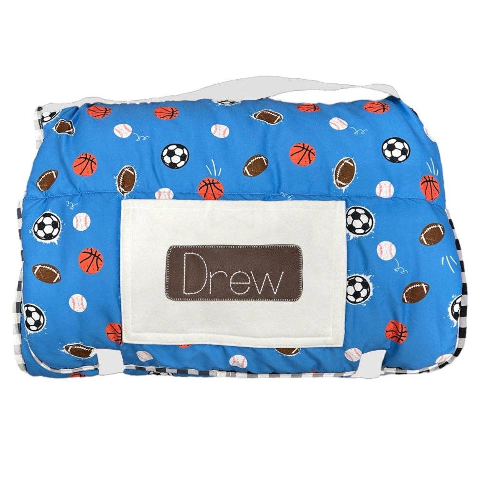 Sports Star Nap Mat by Sugar Bee Clothing with removable pillow and shoulder strap