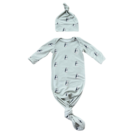 Baby Sprouts knotted sleeper set in penguin print with lap neckline and mitten cuffs