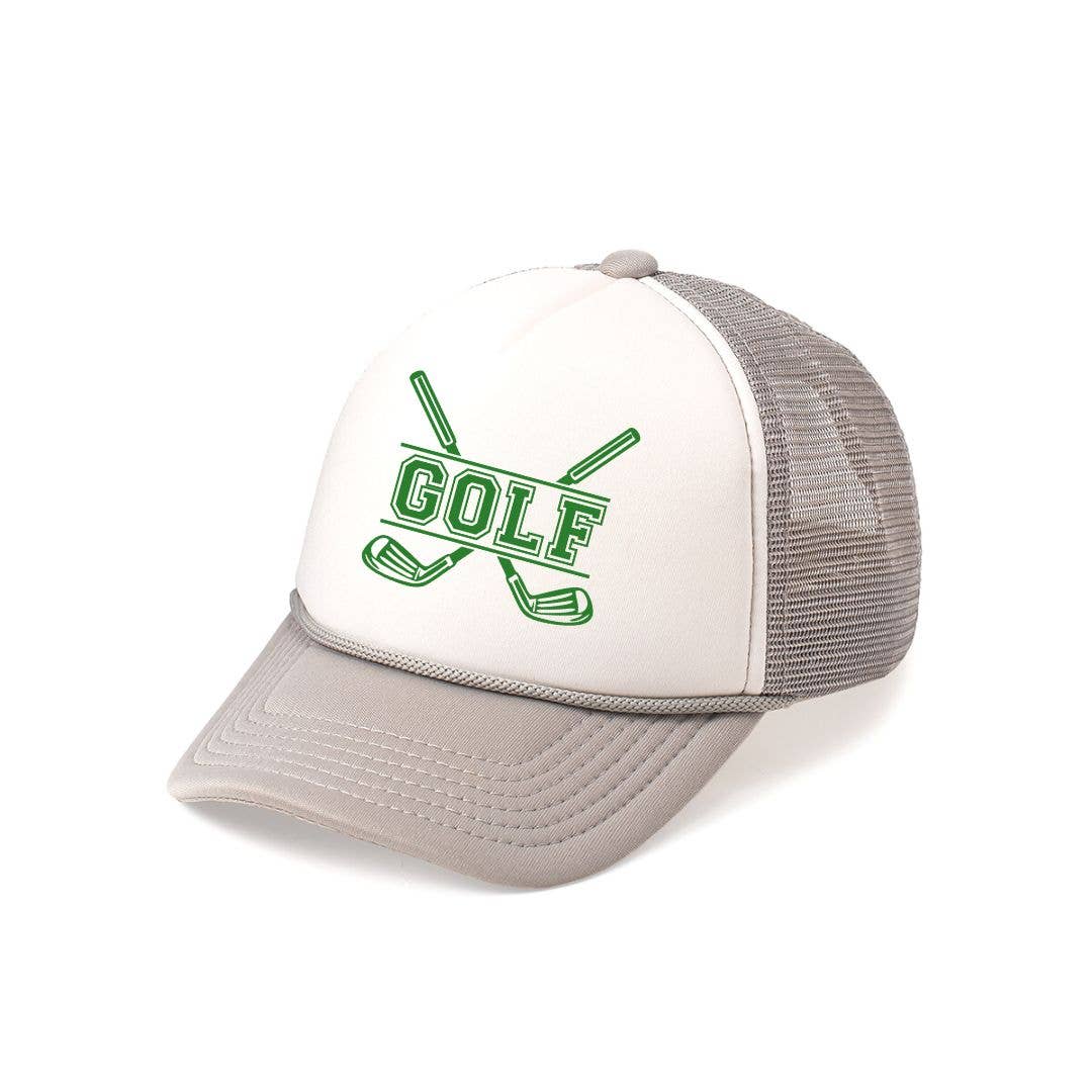 Gray and white golf trucker hat with green graphic and adjustable snap back closure