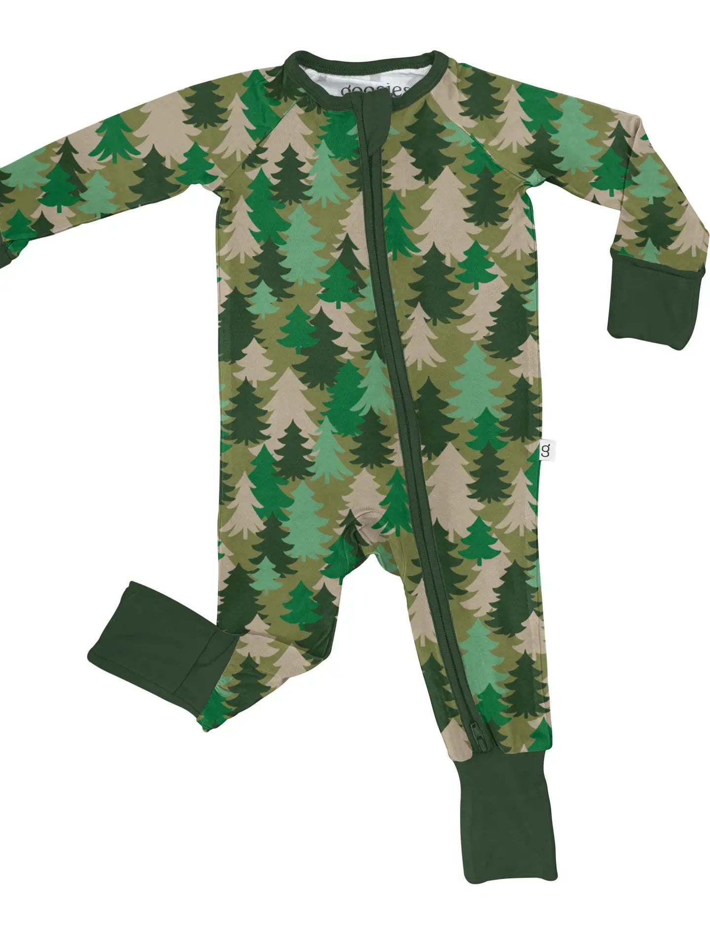 Long-sleeve zip-up pajama set in evergreen camouflage pattern by Goosies