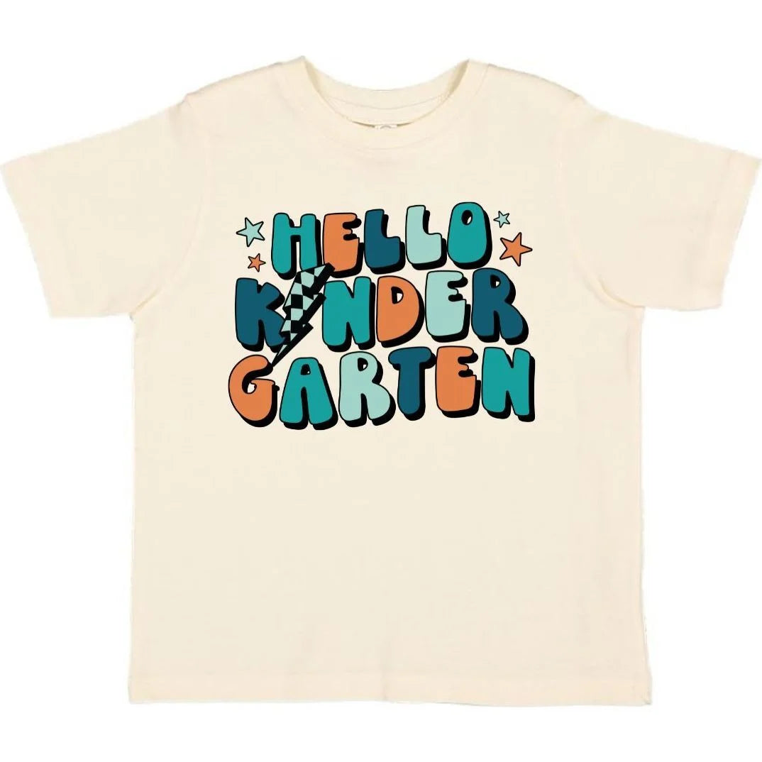 Hello Kindergarten short sleeve t-shirt in natural with multicolor graphic by Sweet Wink