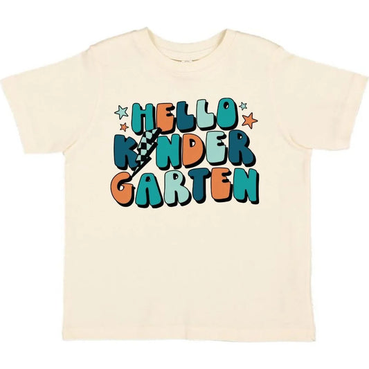 Hello Kindergarten short sleeve t-shirt in natural with multicolor graphic by Sweet Wink