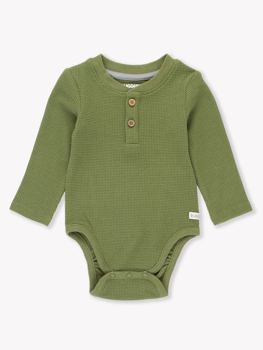 Rugged Butts Waffle Knit Henley Bodysuit in Dusty Olive with button placket