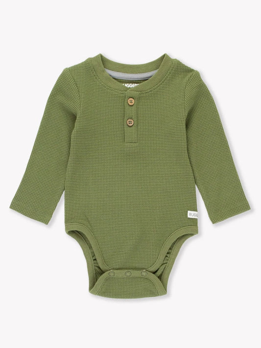 Rugged Butts Waffle Knit Henley Bodysuit in Dusty Olive with button placket