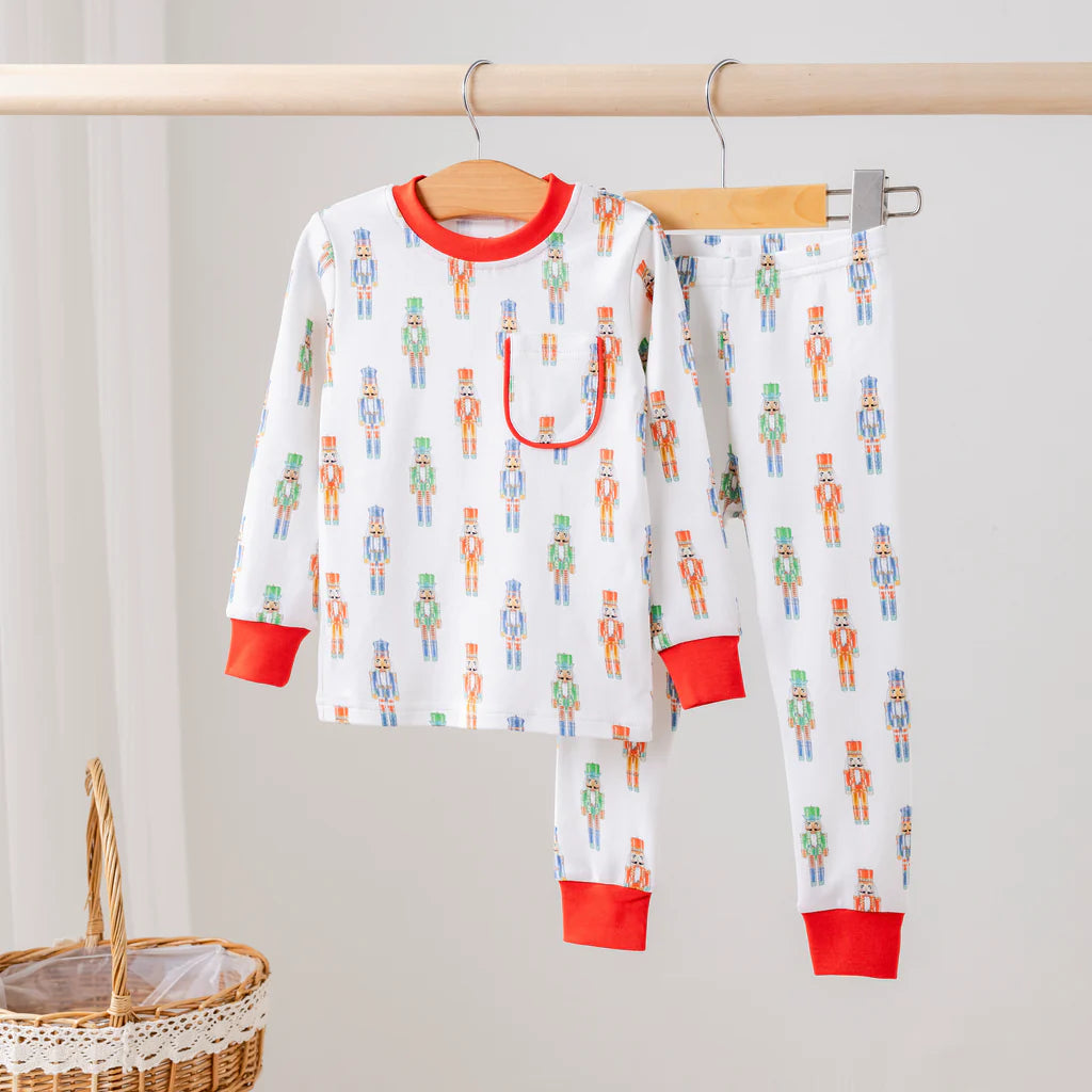 Nutty or Nice two-piece organic cotton pajama set by Nola Tawk in soft neutral tones