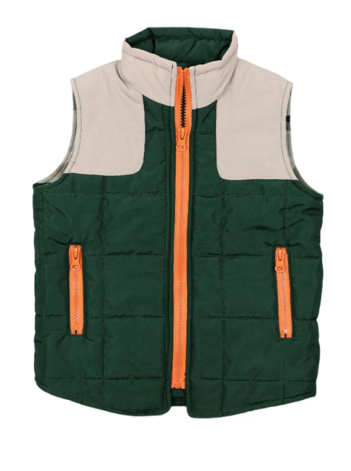 Green and khaki classic camo quilted puffer vest by Blue Quail, zip-front closure