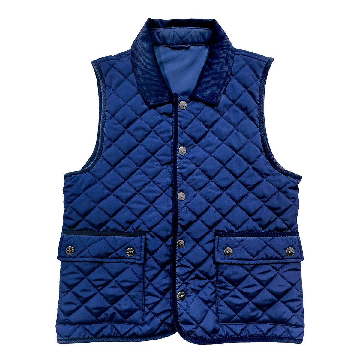 Derby Field Quilted Vest in royal blue by Saltwater Boys, featuring brass snaps and corduroy collar detail