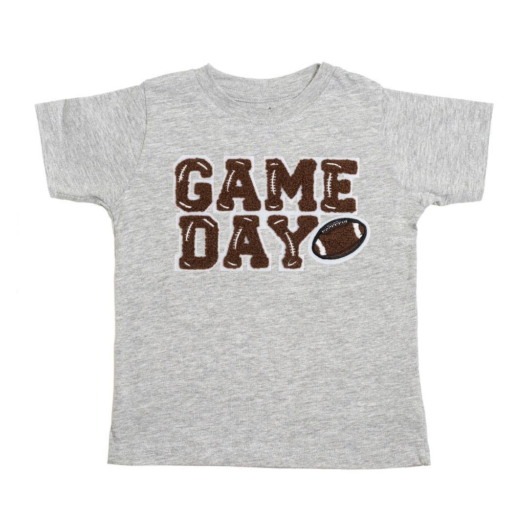 Heather gray short-sleeve tee with brown and white chenille game day patch and white felt outline