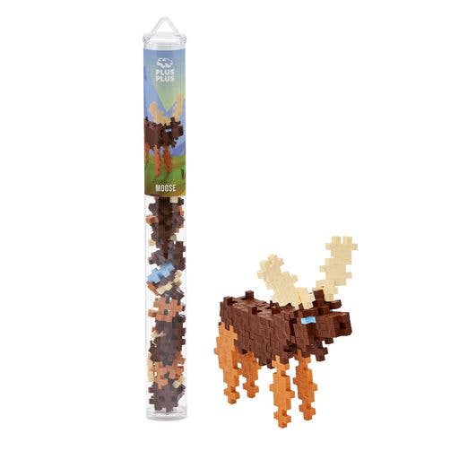 Plus-Plus Moose tube with 70 interlocking pieces in brown, camel, pastel blue, and vanilla