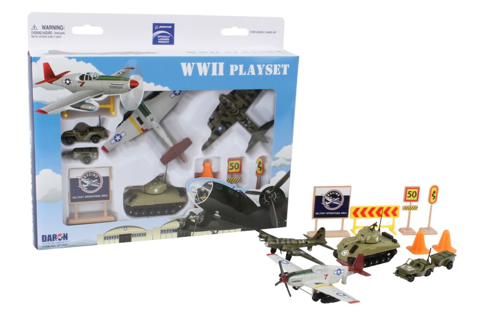 Daron Boeing WWII Playset with die-cast P-51 Mustang, tank, Jeep, and accessories